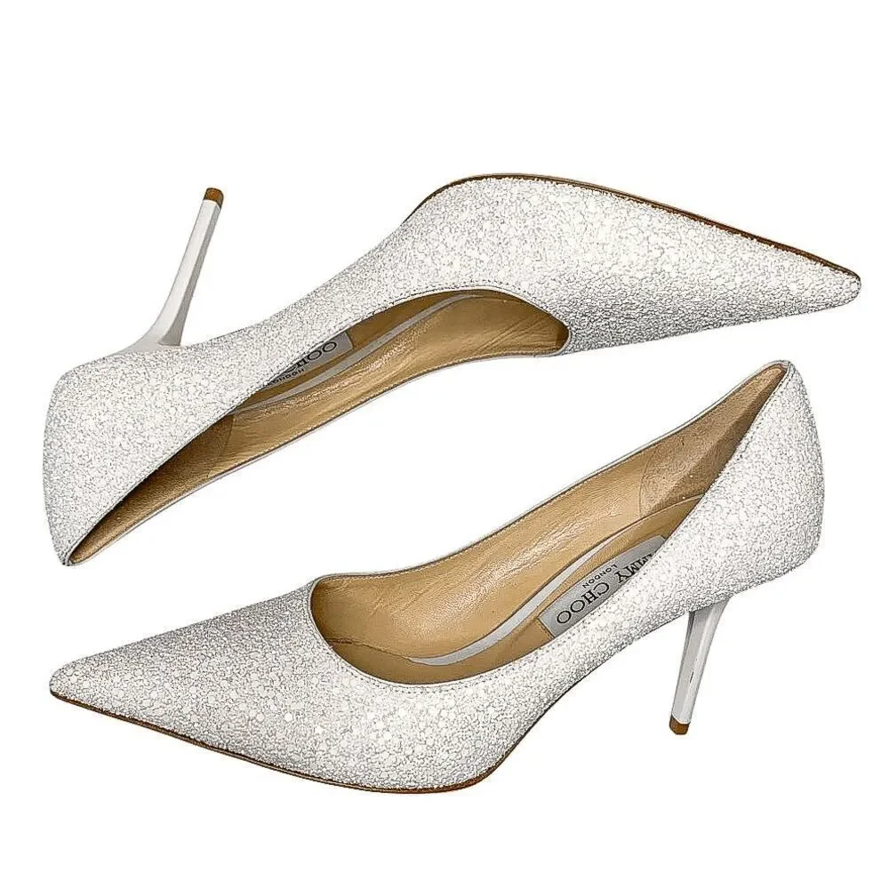 Jimmy Choo Love 85 White Coarse Glitter Heels EU 40.5 Slip On Wedding Pumps